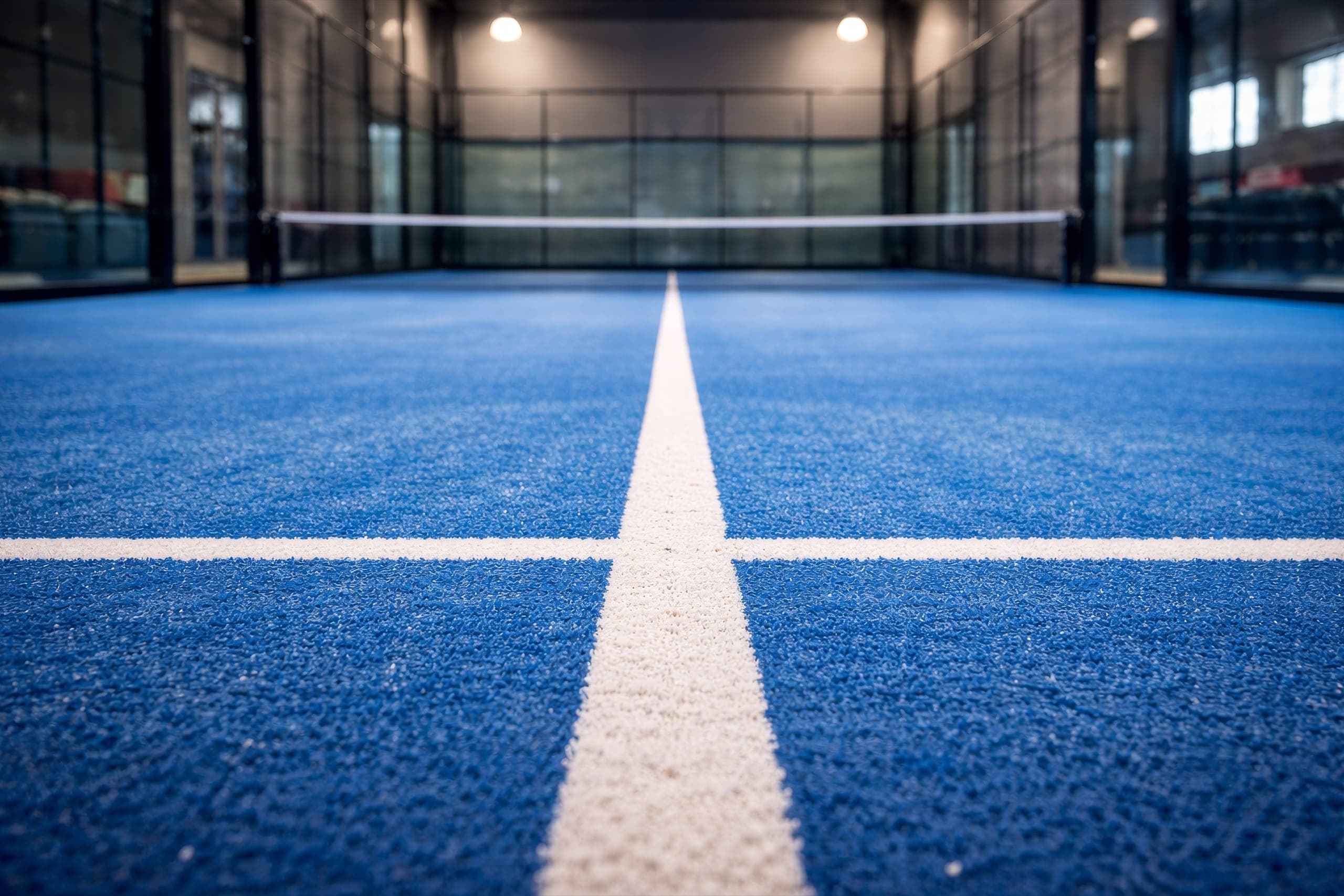 Campo de padel indoor com tela de proteção e iluminação